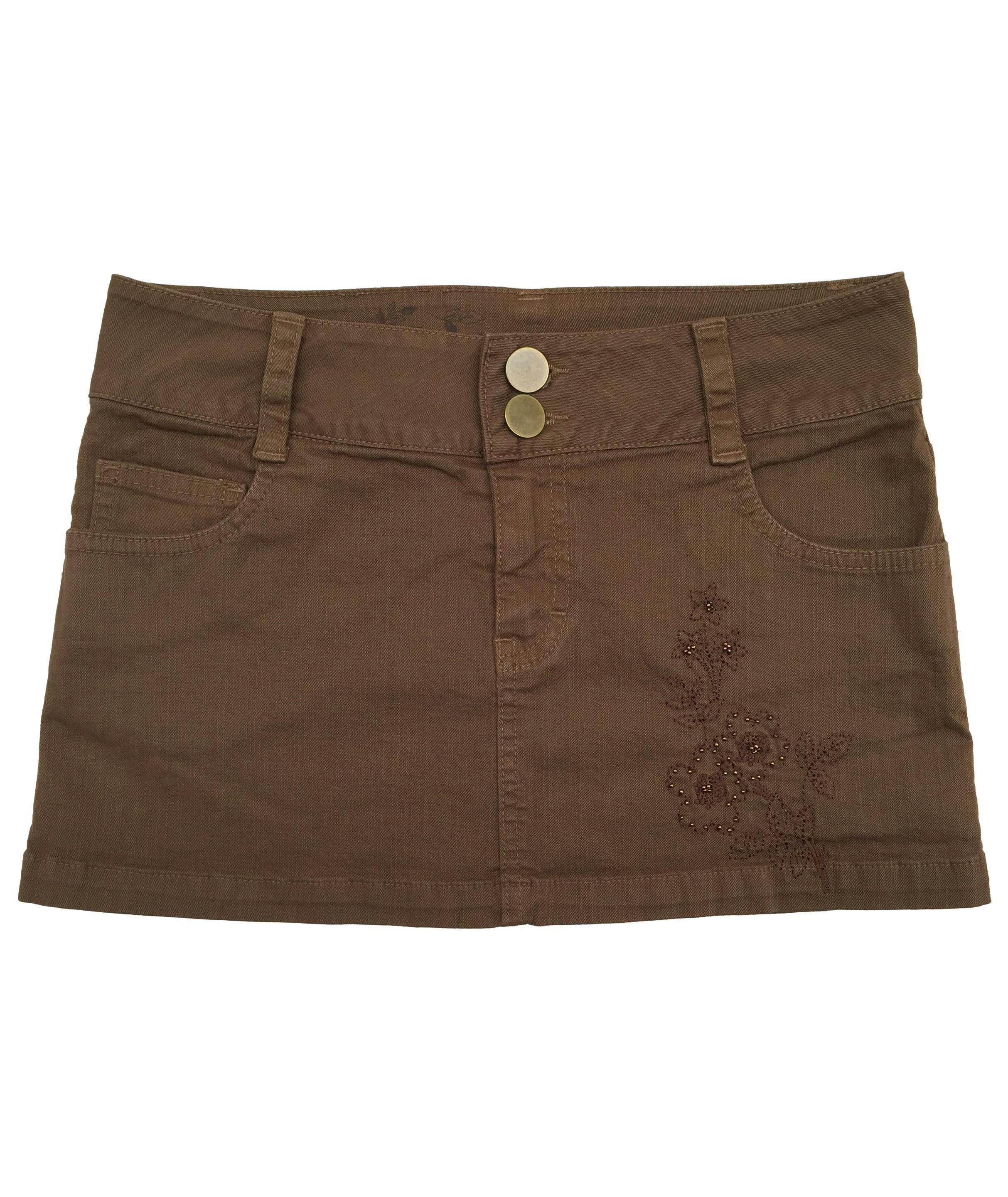 Falda Bugui de jean marrón con bolsillos y bordado delantero. Cintura 72cm Largo 30cm