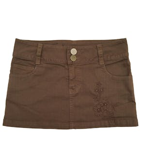 Falda Bugui de jean marrón con bolsillos y bordado delantero. Cintura 72cm Largo 30cm