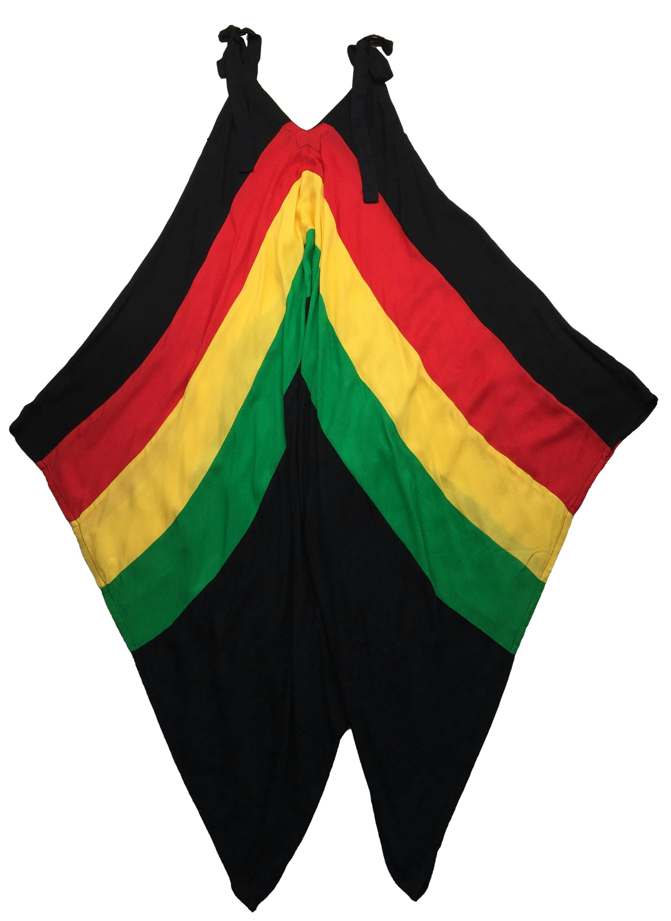 Enterizo baggy en franjas negro rojo amarillo y verde, tela fresca, se amarra en hombros. Busto 105cm Largo 145cm