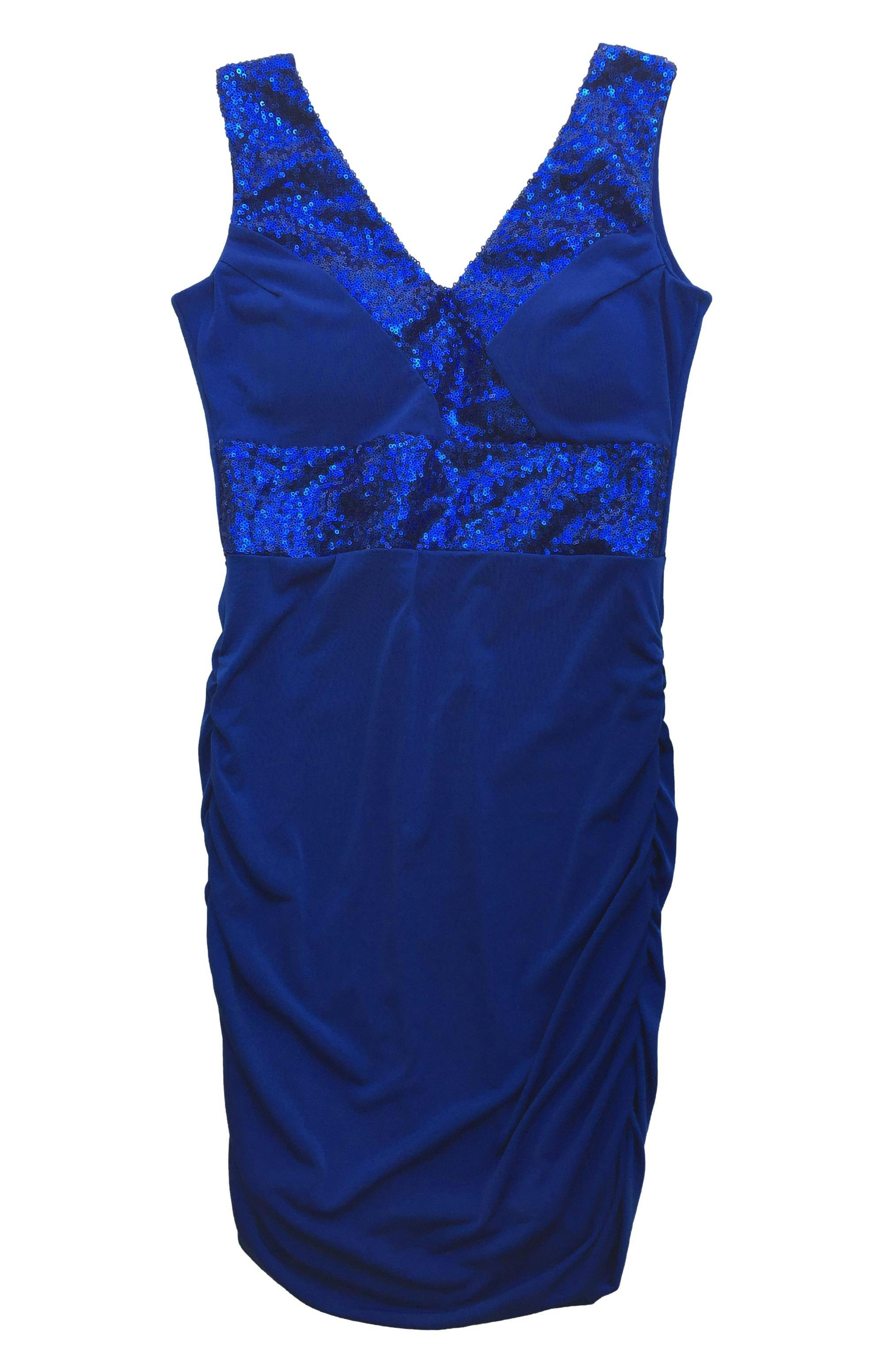 Vestido azul con copas, recogido en los laterales y aplicaciones de lentejuelas. Busto: 74cm, Largo: 85cm