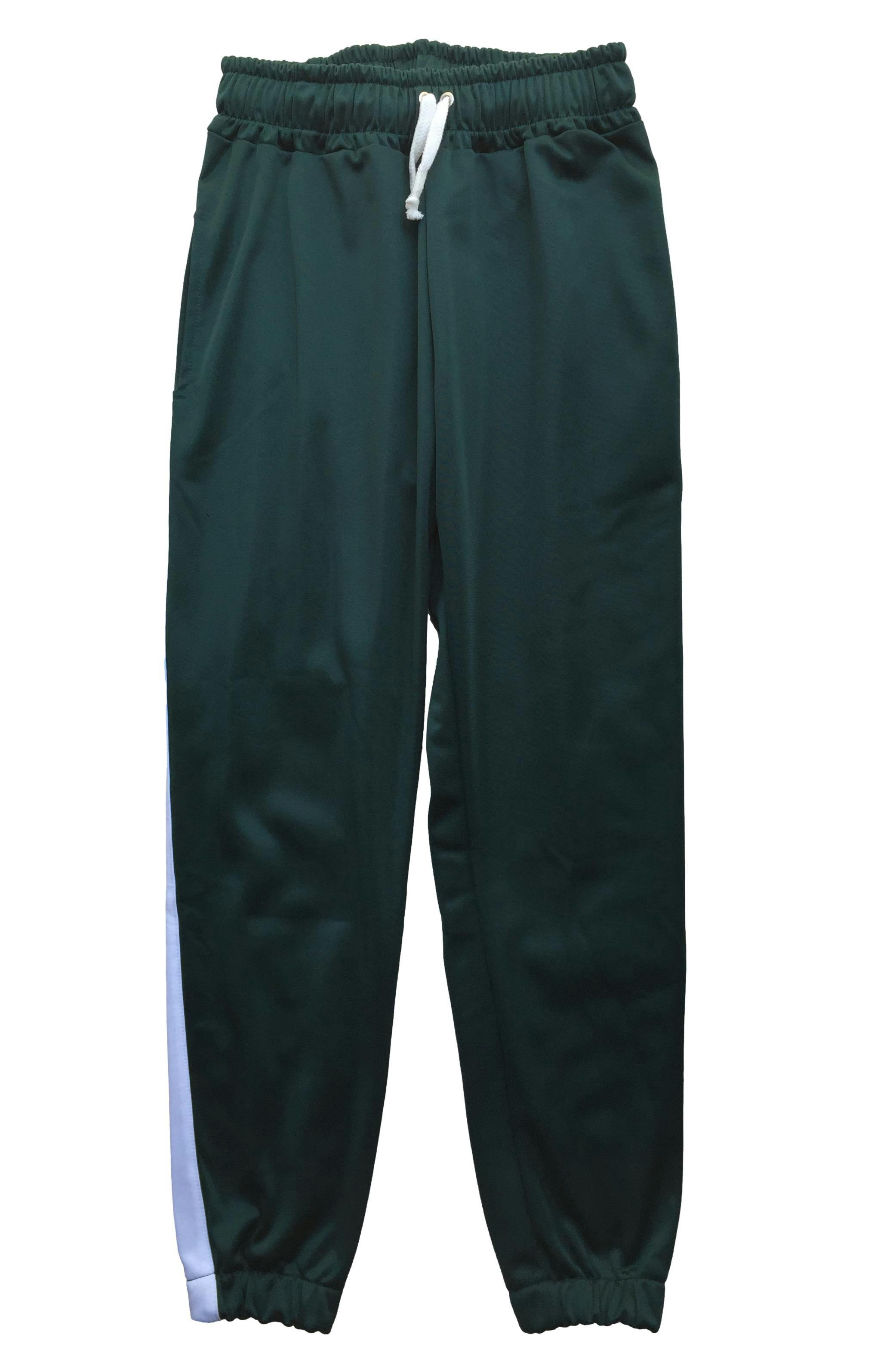 Pantalón tipo buzo jogger verde con franjas blanca en los laterales y bolsillos. Cintura: 60 cm (sin estirar), Largo: 86cm