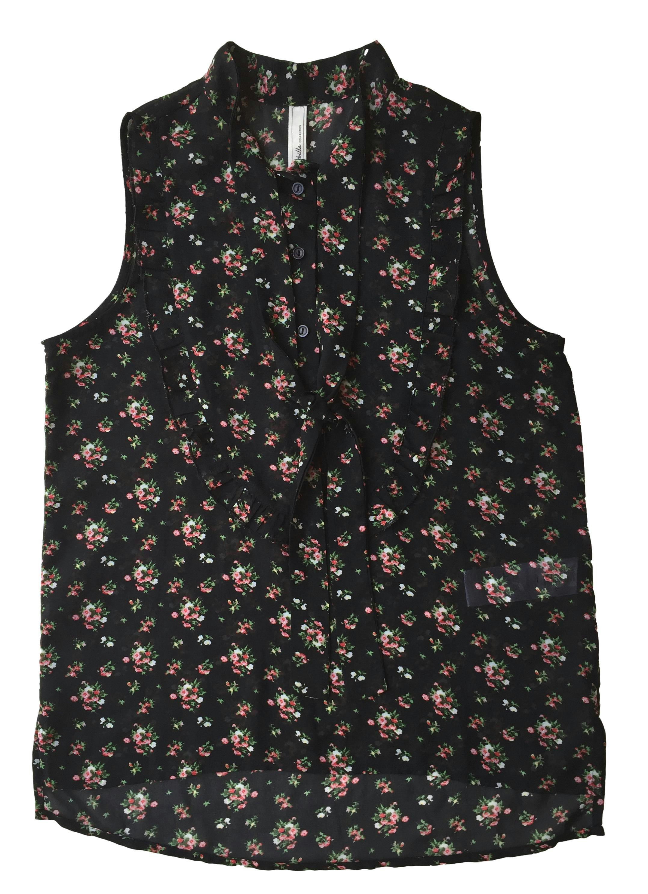 Blusa Sybilla negro de gasa con estampado de flores, botones delanteros y lazos en el cuello. Busto: 86cm, Largo: 63cm