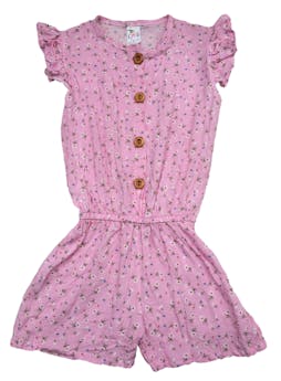 Romper rosado con estampado de flores, botones delanteros y elástico en la cintura., tela fresca tipo chalis.