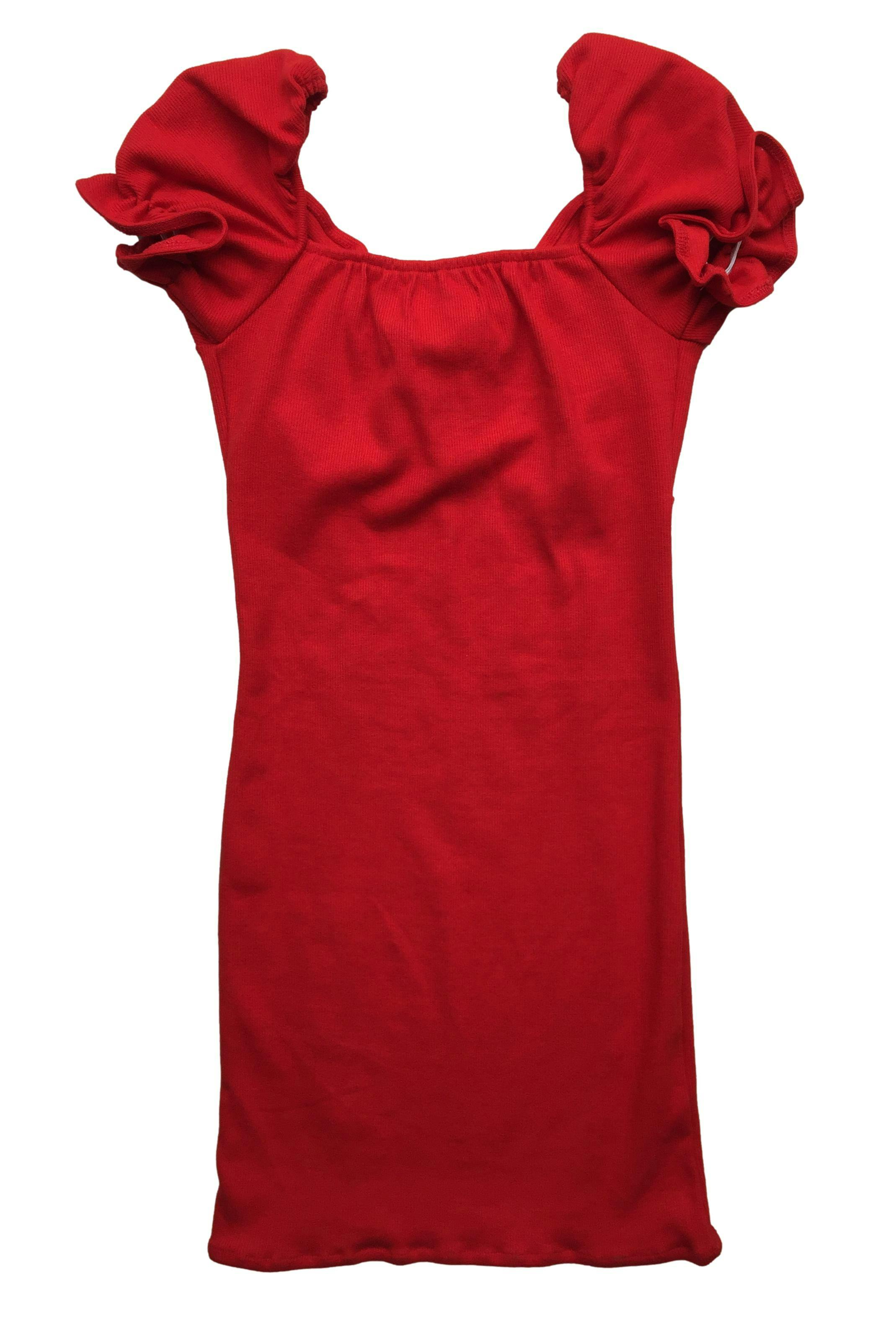 Vestido rojo acanalado mangas con vuelo y elástico, stretch. Busto: 66cm, Largo: 76cm. Nuevo con etiqueta