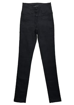 Jegging negro con líneas blancas delgadas, ligeramente stretch, botones delanteros, pretina ancha. Cintura: 48cm (sin estirar), Tiro: 21cm, Largo: 96cm