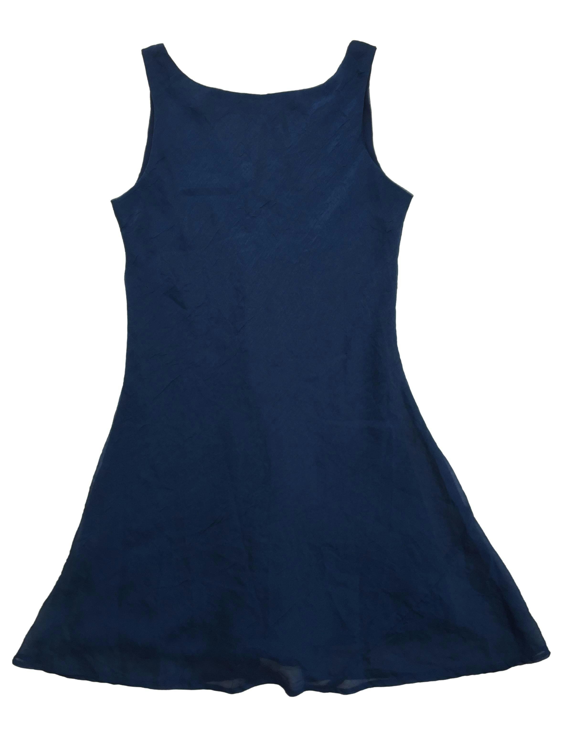 Vestido de gasa azul efecto corrugado, forrado, escote V en espalda. Busto 100cm Largo 90cm