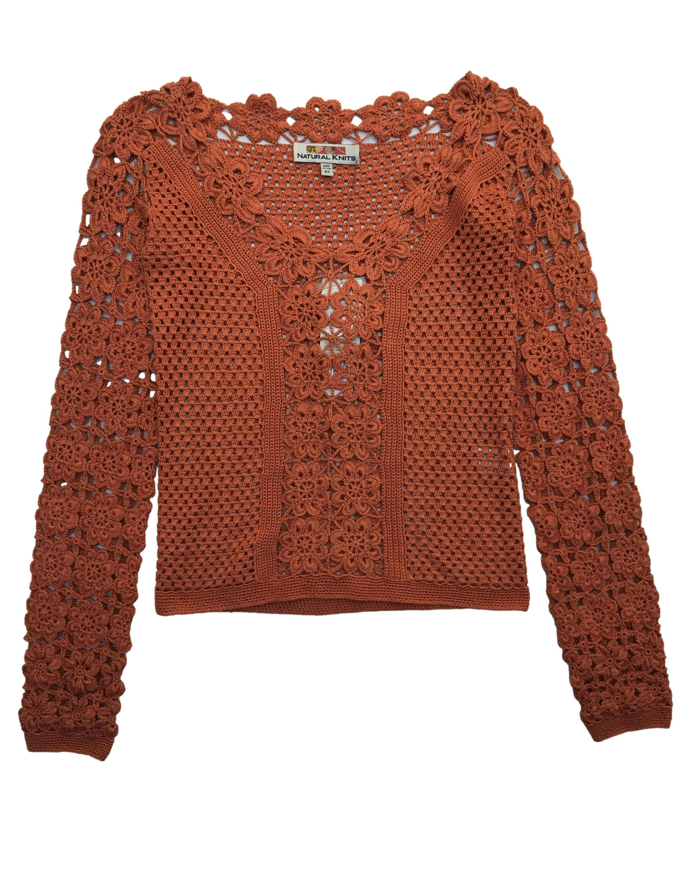 Chompa tejido crochet Natural Knits anaranjado, 100% algodón pima. Busto 85cm Largo 52cm . Nuevo con etiqueta. precio regular S/350