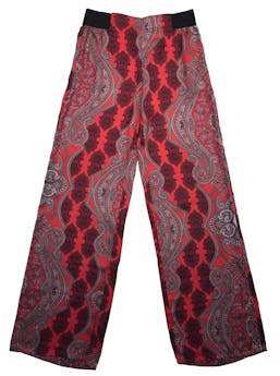 Palazzo Zara tela sedosa roja con estampado paisley, pretina con laterales elásticos y bolsillos. Cintura 70cm Tiro 25cm Largo 108cm