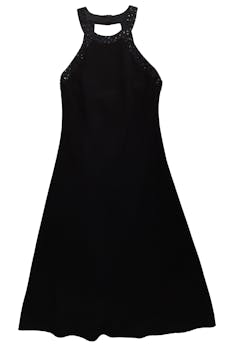 Vestido negro Jones New York, area de escote 100% seda con pedrería, forro, cierre y botones posteriores. Busto 90cm, Largo 110cm.