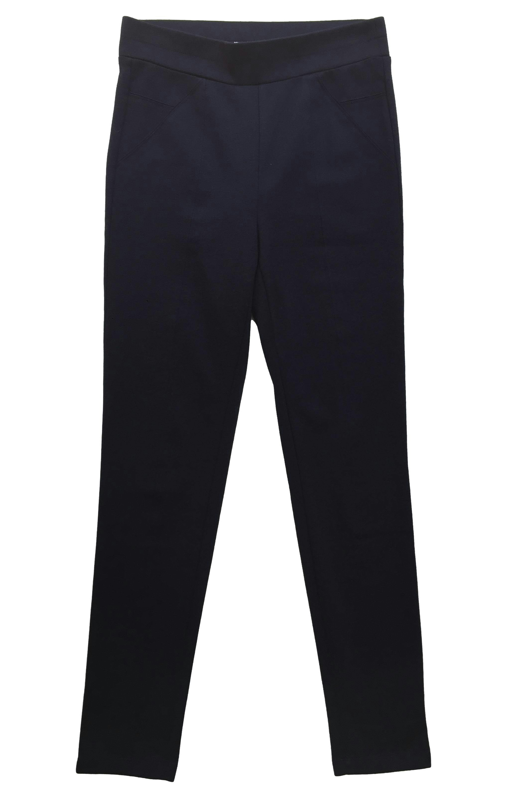 Pantalón Sfera azul marino de corte slim, tela ligeramente stretch. Cintura 70cm sin estirar, Largo 96cm.