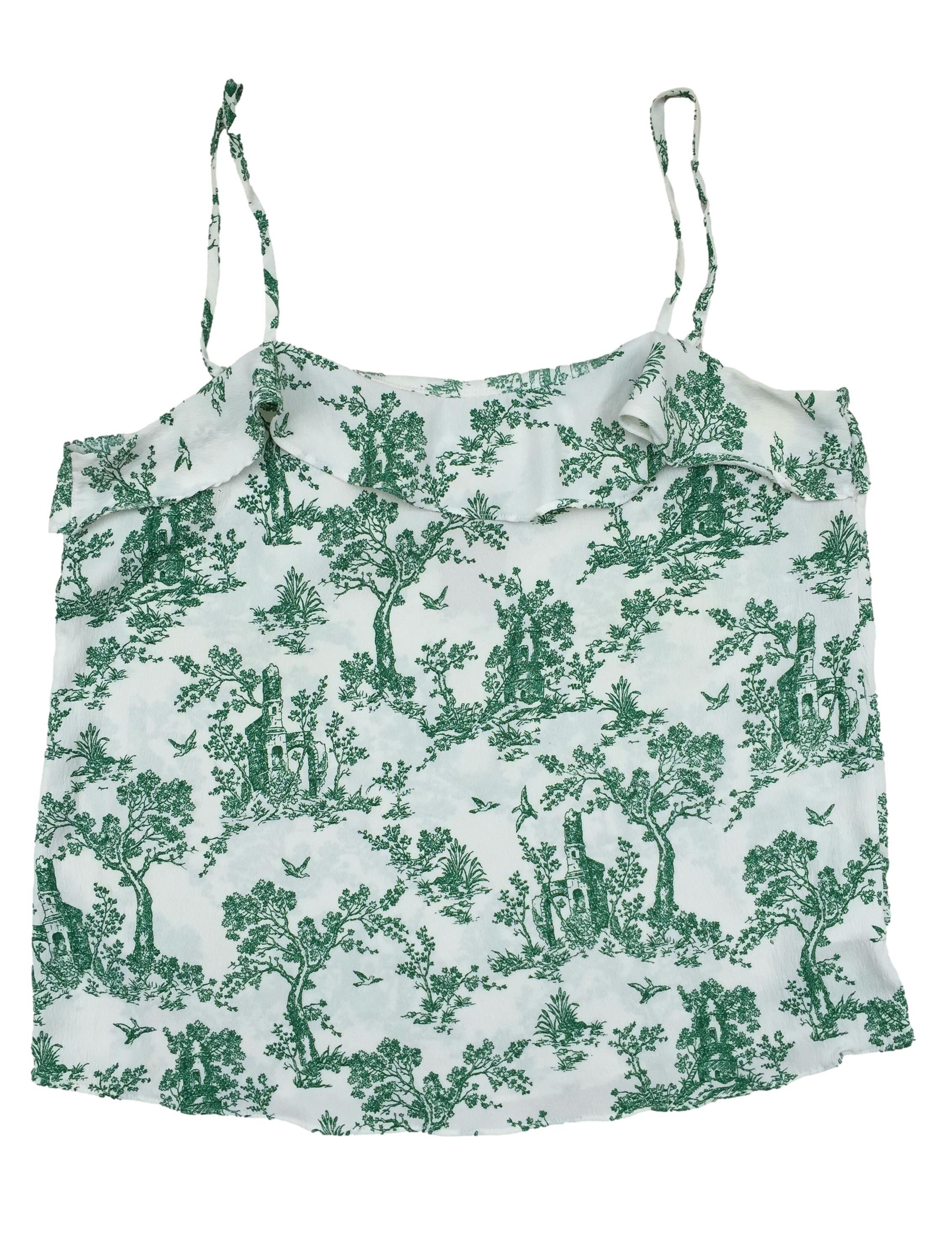 Busa H&M blanco con estampado de flores verdes, tiras regulables. Busto: 88cm, Largo: 58cm