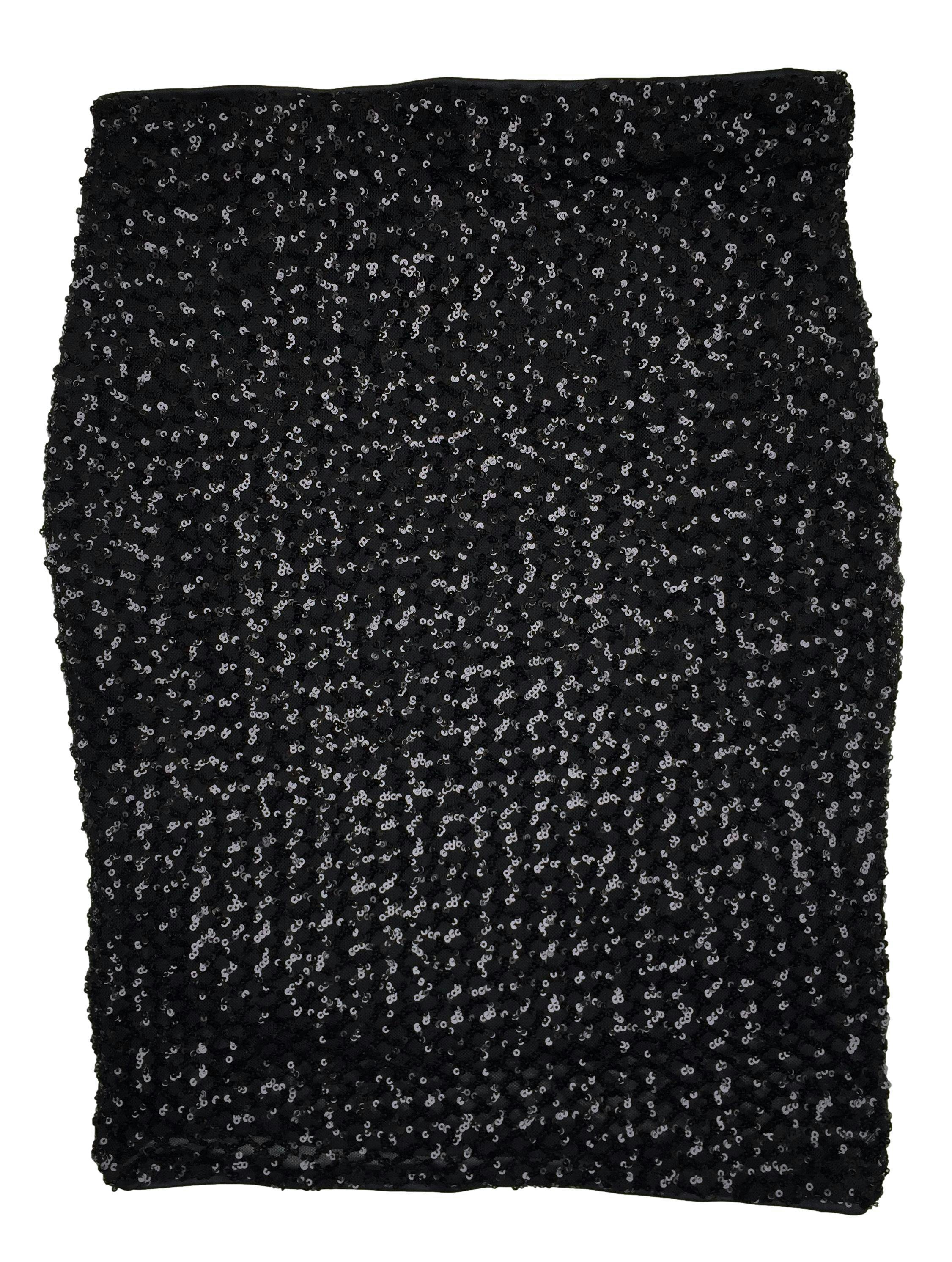 Falda Haute monde de mesh con aplicaciones de lentejuelas, forro interior, cintura elástica. Cintura 64cm, Largo 50cm