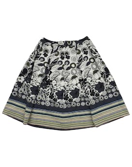  Falda rodilla semiestructurada 70% algodón con estampado floral y circular. Cintura 72cm, Largo 63cm