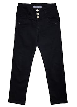 Jean negro con pretina alta, botones delanteros, four pockets. Cintura 76 cm, Cintura 27 cm, Largo 91 cm.