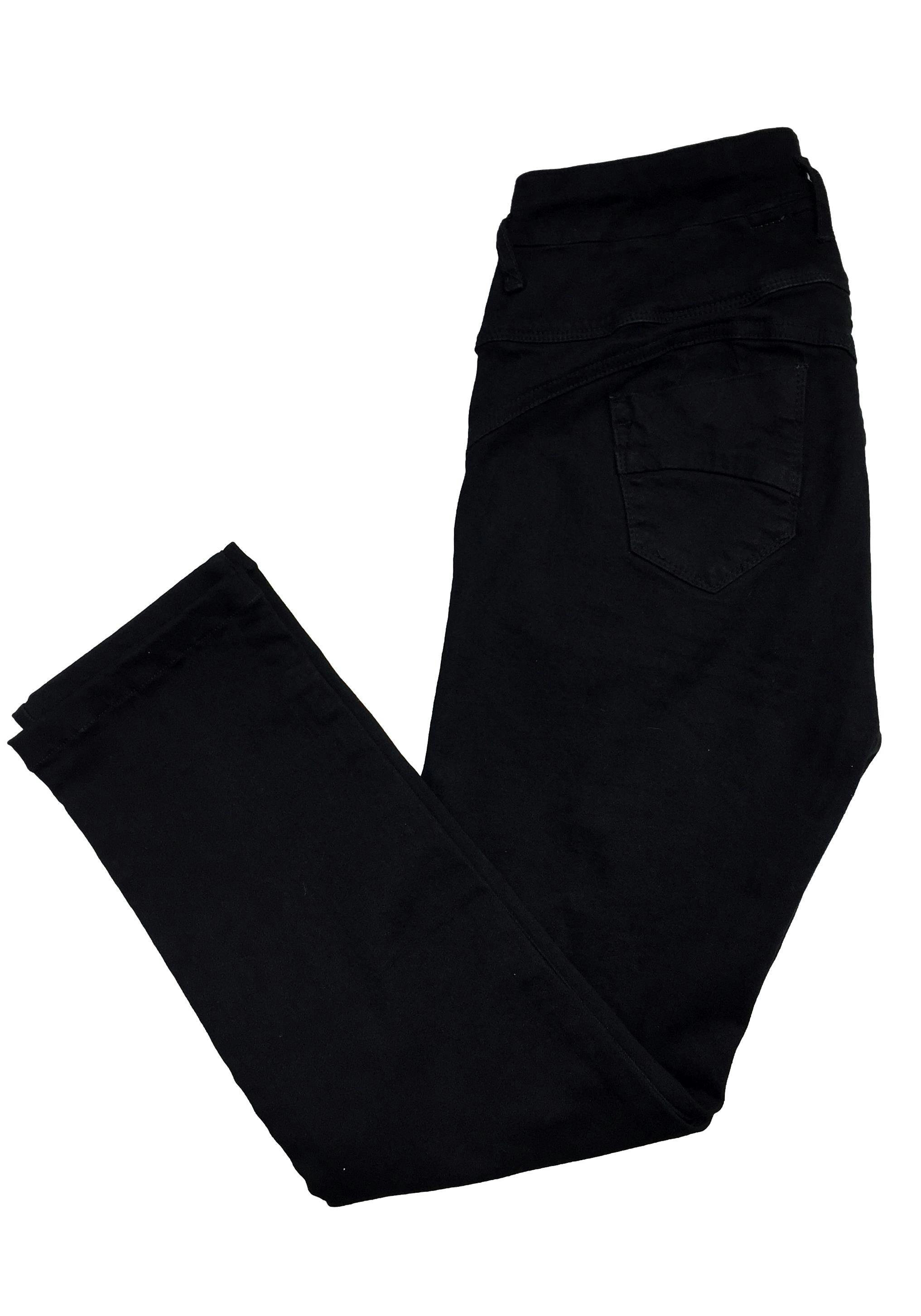 Jean negro con pretina alta, botones delanteros, four pockets. Cintura 76 cm, Cintura 27 cm, Largo 91 cm.