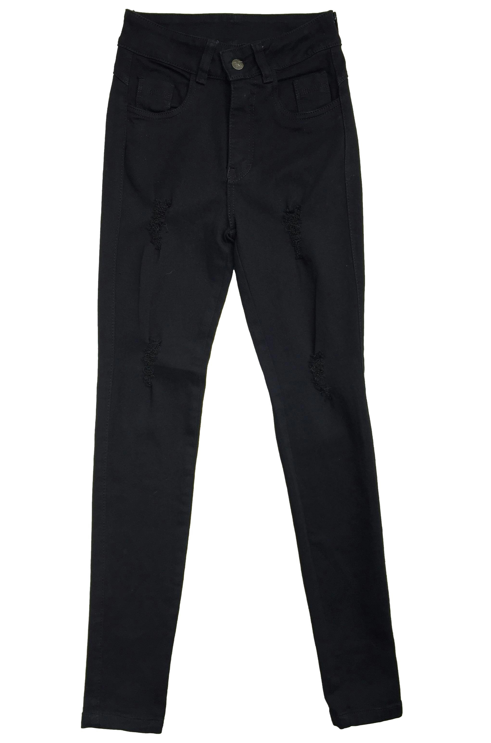 Pantalón jean negro con detalles rasgados, four pockets. Cintura 63 cm, Tiro 27 cm, Largo 99 cm.
