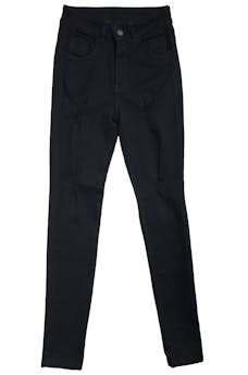 Pantalón jean negro con detalles rasgados, four pockets. Cintura 63 cm, Tiro 27 cm, Largo 99 cm.