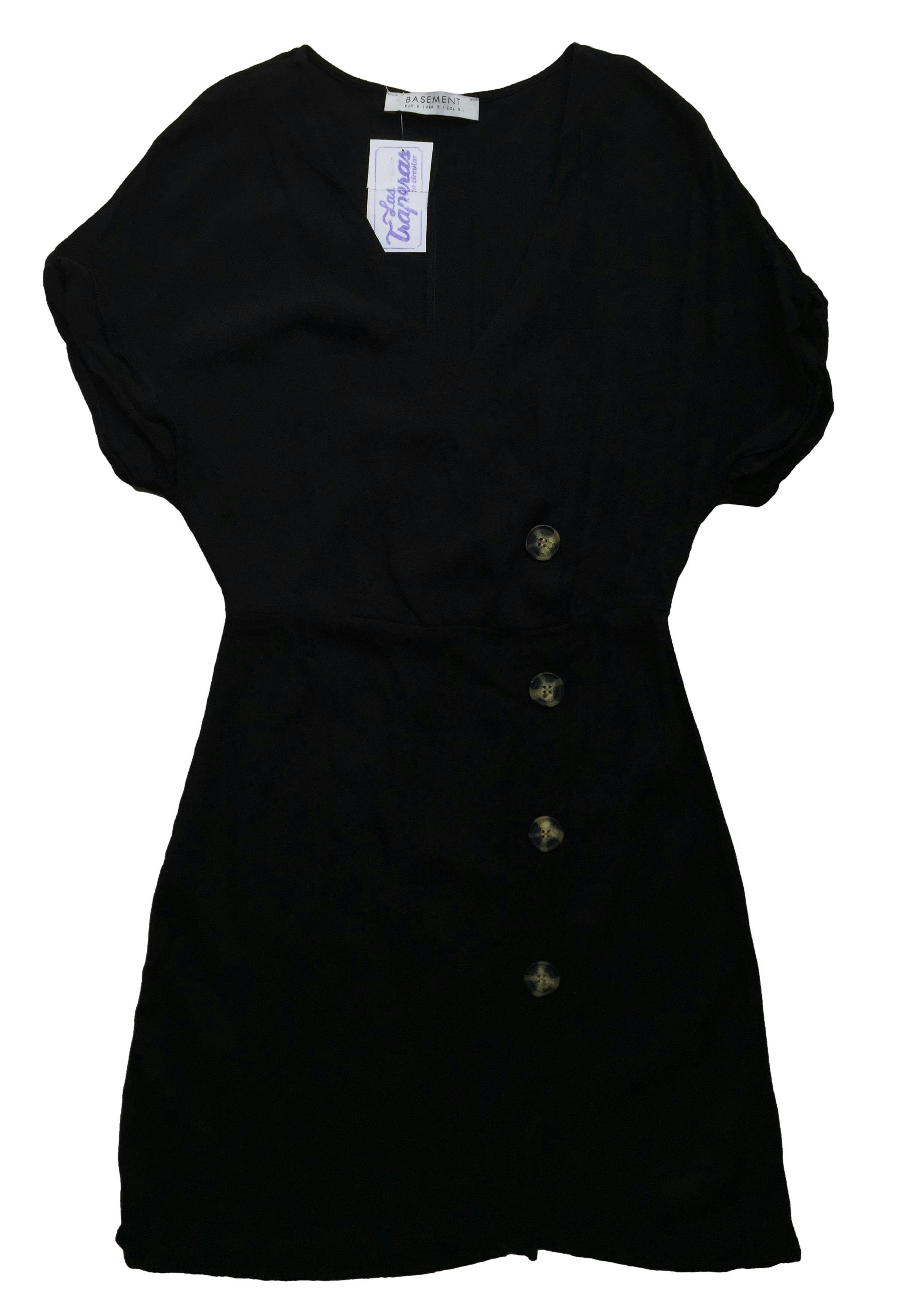 Vestido negro Basement, botones delanteros, cuello en V, elástico en la cintura Busto: 90cm, Largo: 88cm