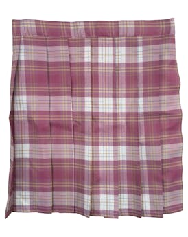 Falda rosada a cuadros, plisada con bolsillo y cintura regulable. Cintura 70cm, Largo 43cm.