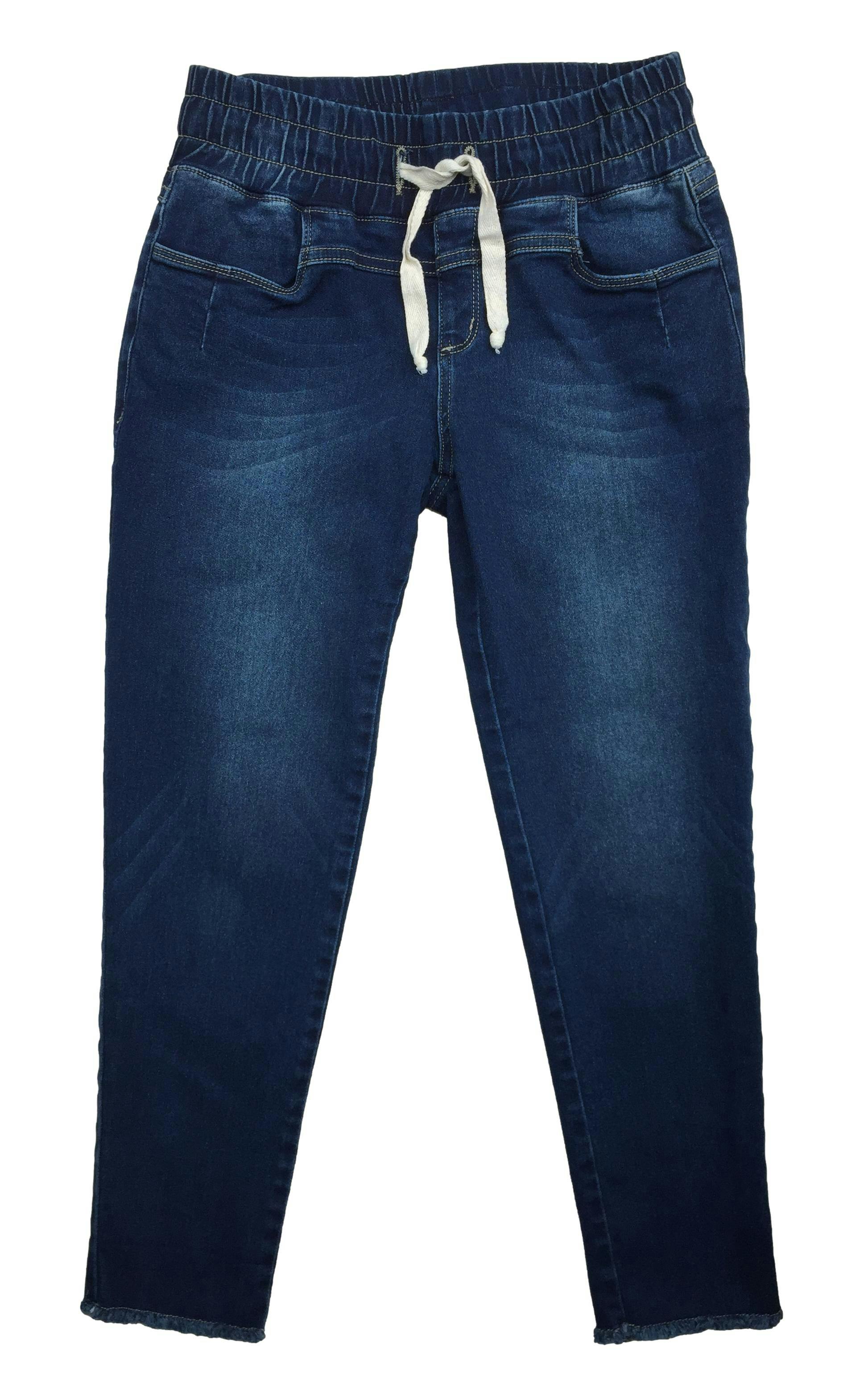 Pantalón jean azul con cintura elasticada y cintos para ajustar. Cintura 70cm sin estirar, Largo 84cm.