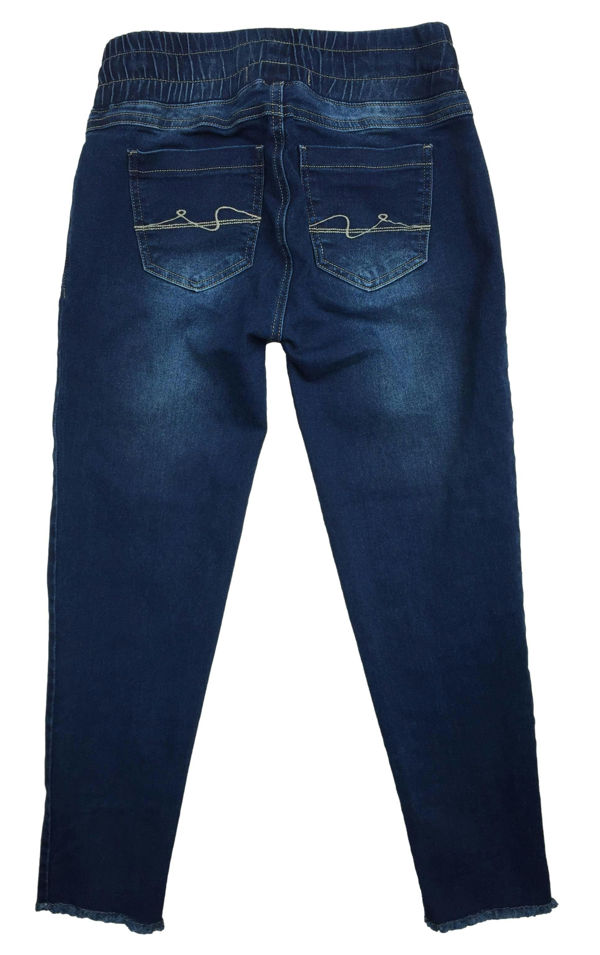 Pantalón jean azul con cintura elasticada y cintos para ajustar. Cintura 70cm sin estirar, Largo 84cm.