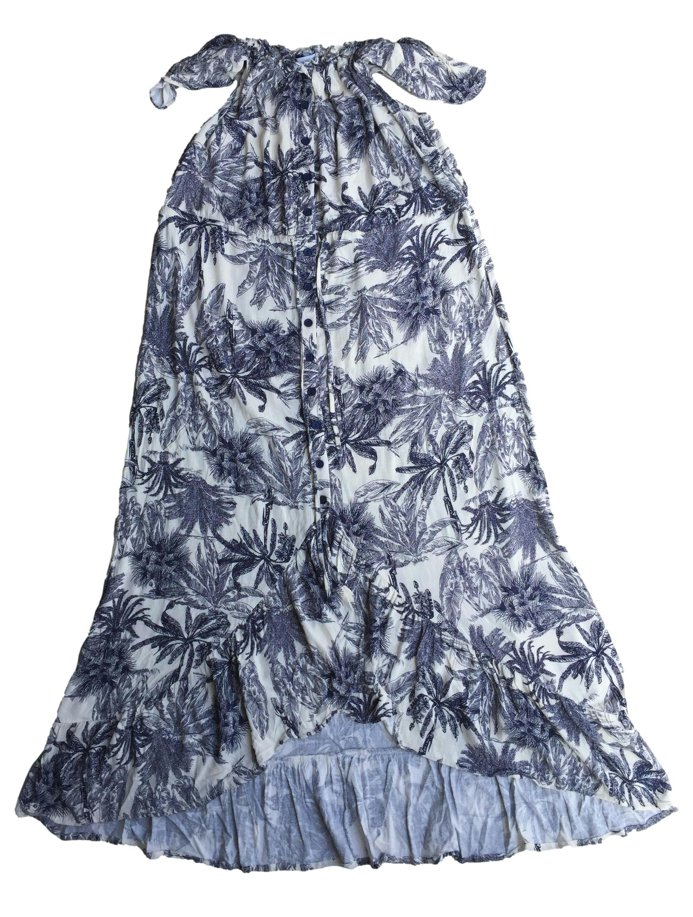 Vestido offshoulder blanco, estampado de flores azules, elástico y cordón en la cintura, botones delanteros. Busto: 100cm, Largo: 120cm