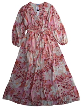 Vestido Luxology de gasa rosa con flores, mangas anchas, elástico en puños y cintura con lazo, forro. Busto: 94cm, Largo: 139cm. Nuevo con etiqueta. 