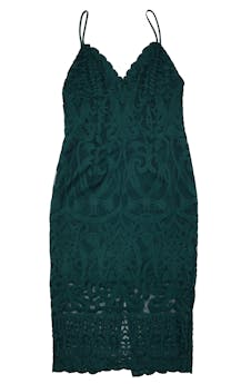 Vestido verde Bardot estilo brocado, forro interior. Busto 82 cm, Largo 103 cm.