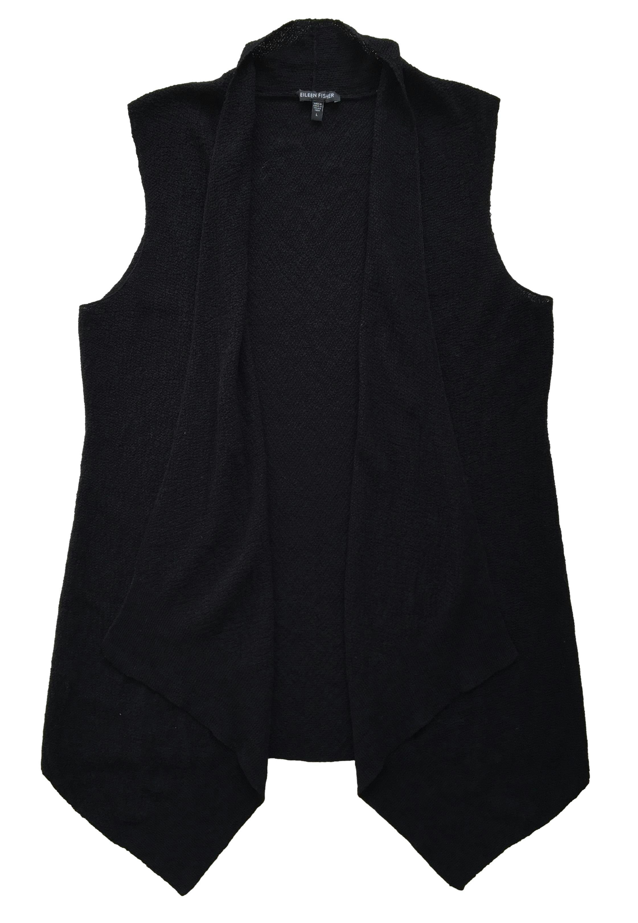 Chaleco Eileen Fisher negro tejido, 100% lana, modelo abierto. Busto: 110cm, Largo: 90cm Precio Original USD 180
