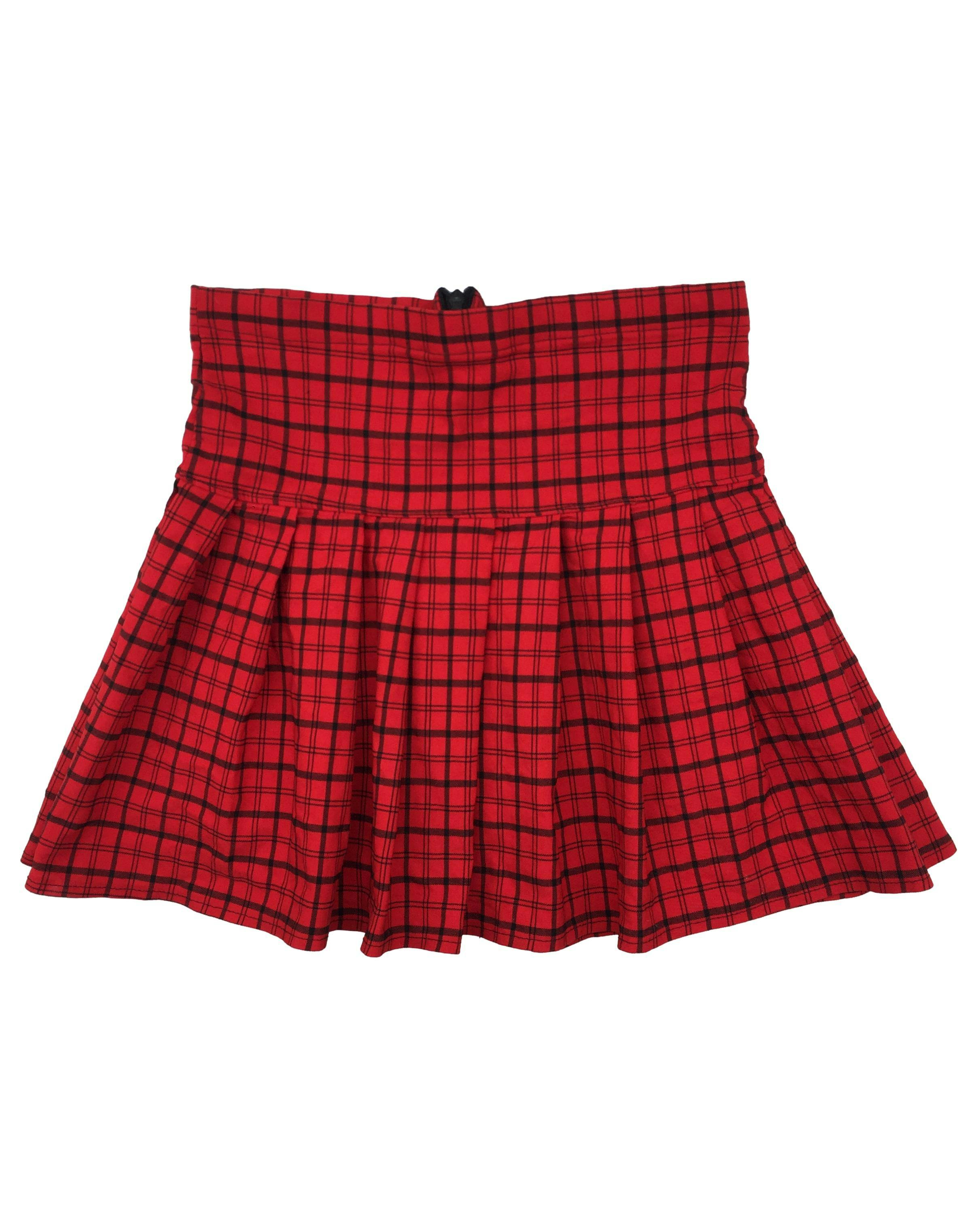 Falda roja a cuadros plisada con pretina ancha, de tela stretch. Cintura 66cm sin estirar, Largo 35cm.