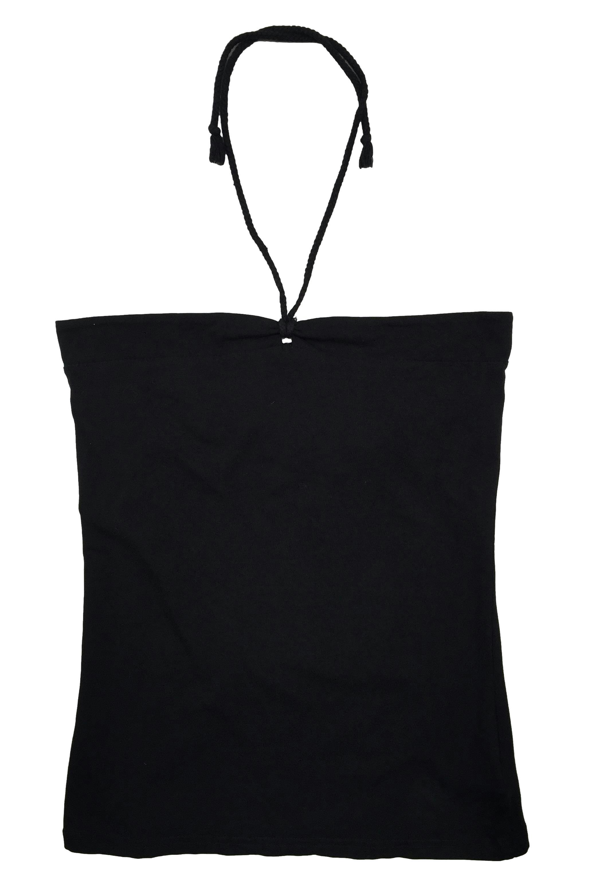 Polo negro strapless 95% algodón con cintos para amarrar al cuello. Busto 74cm sin estirar, Largo 50cm.
