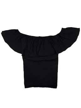 Blusa negra tipo faja offshoulder, volante delantero, stretch. Busto: 60cm (sin estirar), Largo: 40cm