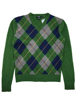 Sweater J. crew 100% lana, diseño de rombos en tonos azul, gris y verde
