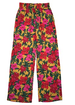 Pantalón beige con estampado de flores, con elástico en cintura simulando corset. Cintura 60cm sin estirar, Largo 93cm.