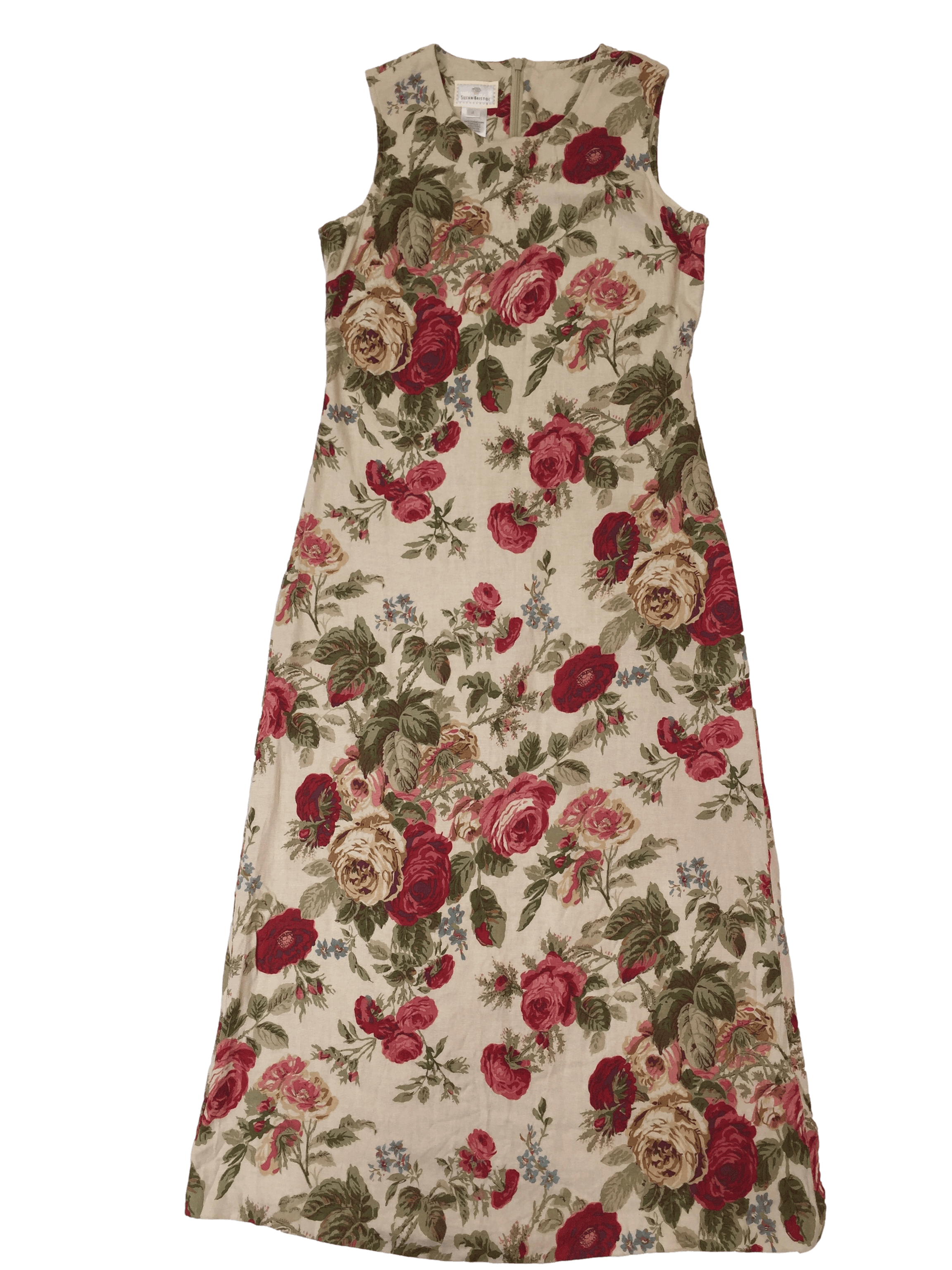 Vestido vintage Susan Bristol color arena con estampado de rosas. Busto 96cm, Largo 130cm. Precio original 150 euros.
