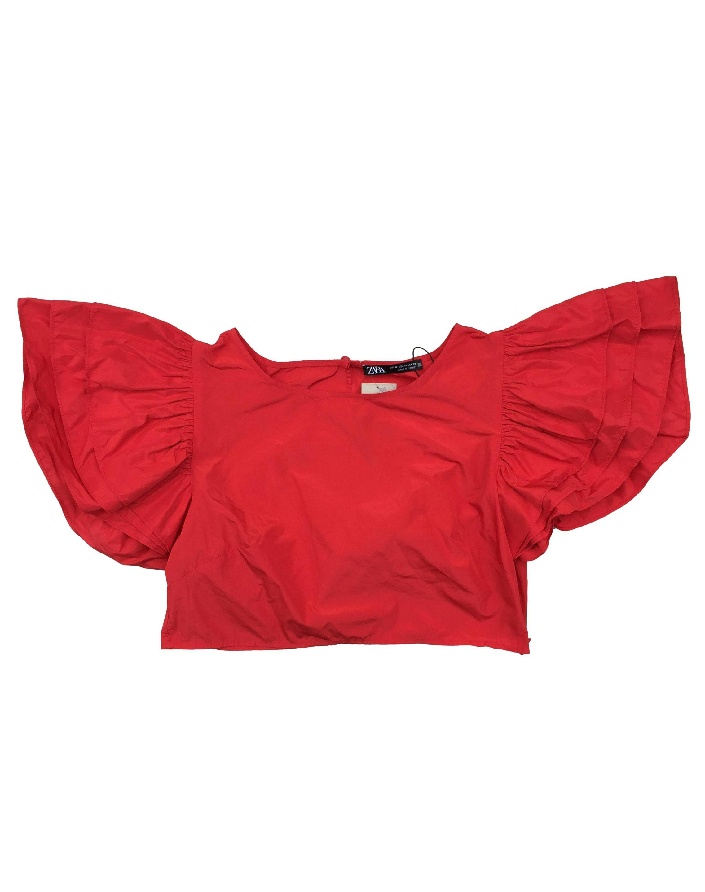 Blusa Zara roja, mangas abullonadas, cierre lateral invisible. Nuevo, con etiqueta. Busto 88 cm, Largo 32 cm.
