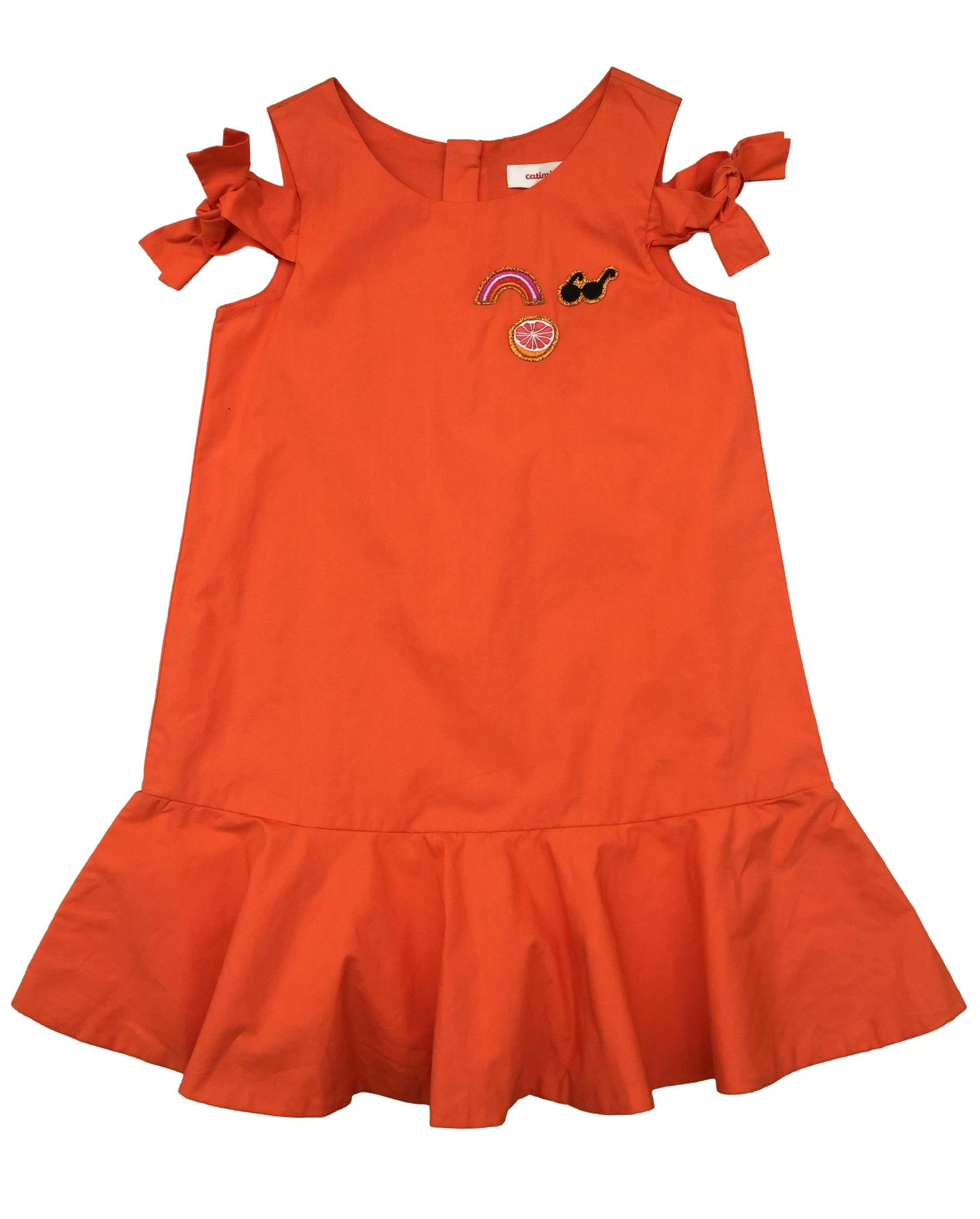 Vestido naranja corte en A Catimini con aplicación de arcoíris, lazo en hombros, cierre posterior invisible. Nuevo, con etiqueta