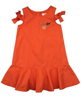 Vestido naranja corte en A Catimini con aplicación de arcoíris, lazo en hombros, cierre posterior invisible. Nuevo, con etiqueta
