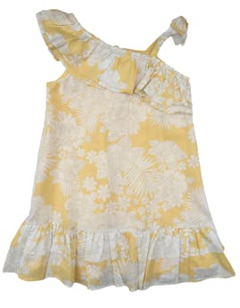 Vestido amarillo Janie and Jack 100% algodón, diseño de flores blancas, volantes en hombro y basta.