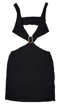 Vestido negro Forever 21 de tela viscosa, full escote en espalda, simula 2 piezas. Busto 70 cm sin estirar, Largo 96 cm.