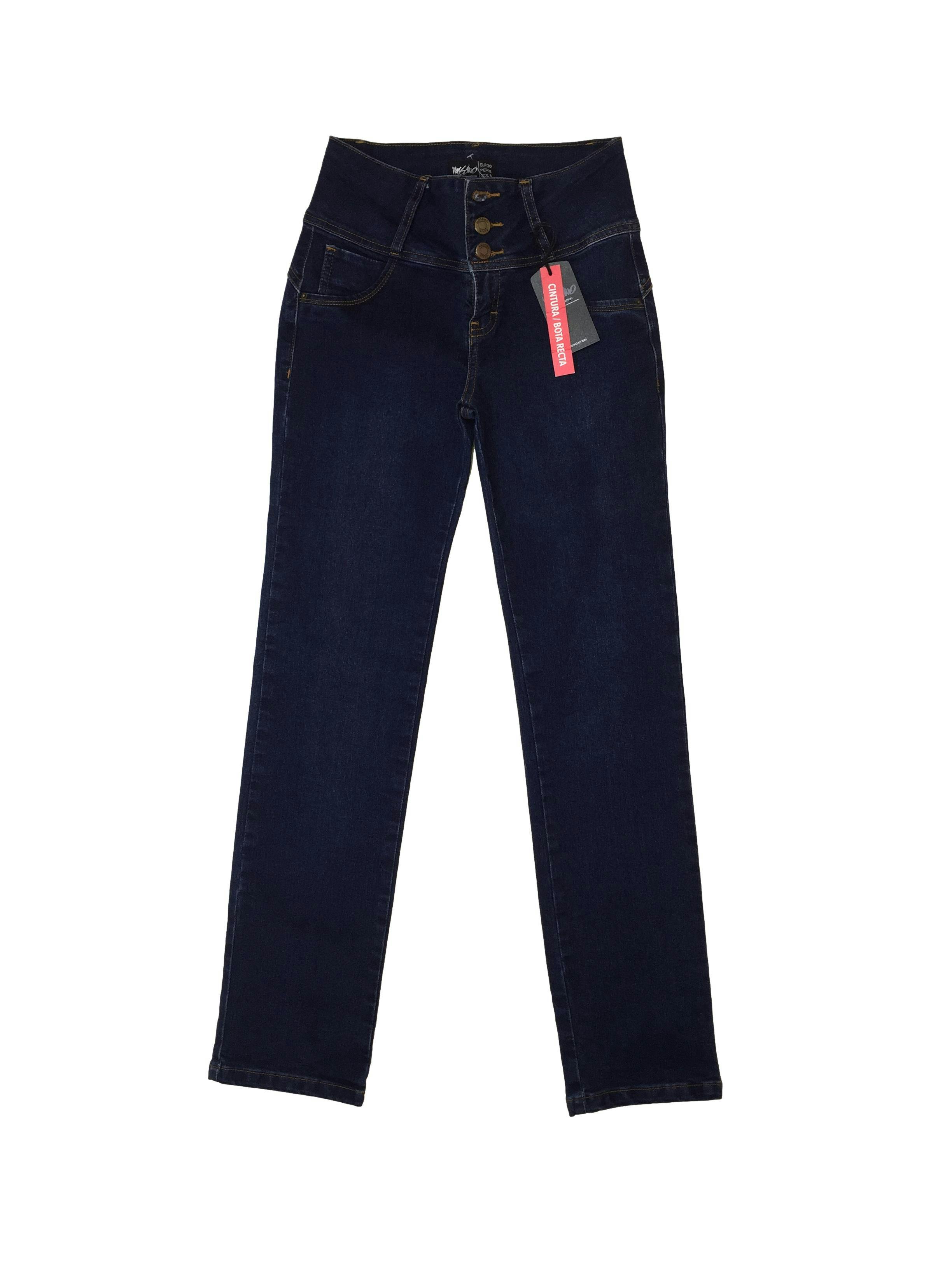 Pantalón Mossimo denim, pretina ancha, tres botones, ligeramente stretch. Cintura: 62 cm, Tiro: 23 cm, Largo: 100 cm. Nuevo con etiqueta