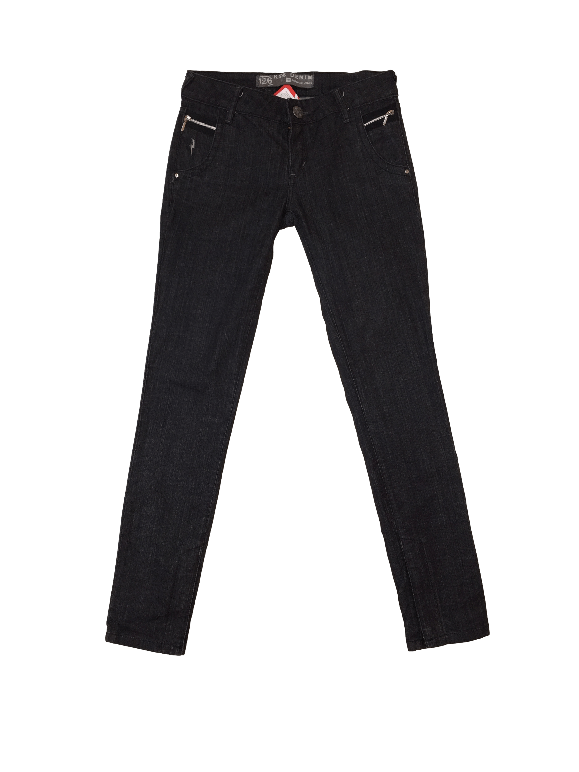Pantalón jean negro Kosiuko con cierres en bolsillos y botapie. Cintura 70 cm, Tiro 20 cm, Largo 99 cm.