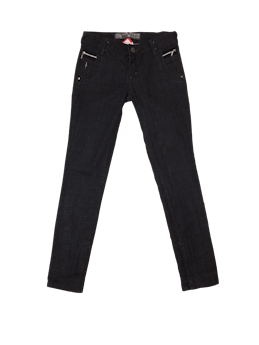 Pantalón jean negro Kosiuko con cierres en bolsillos y botapie. Cintura 70 cm, Tiro 20 cm, Largo 99 cm.