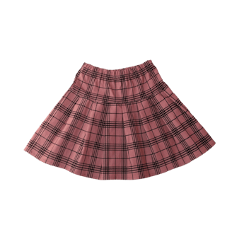 Falda palo rosa con líneas negra, elástico en la cintura, tableada. Cintura: 44 cm (sin estirar), Largo: 33 cm