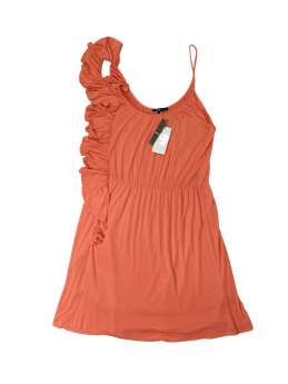 Vestido Mango de jersey color coral con volantes al costado. busto sin estirar 54 cm. 100 cm largo.