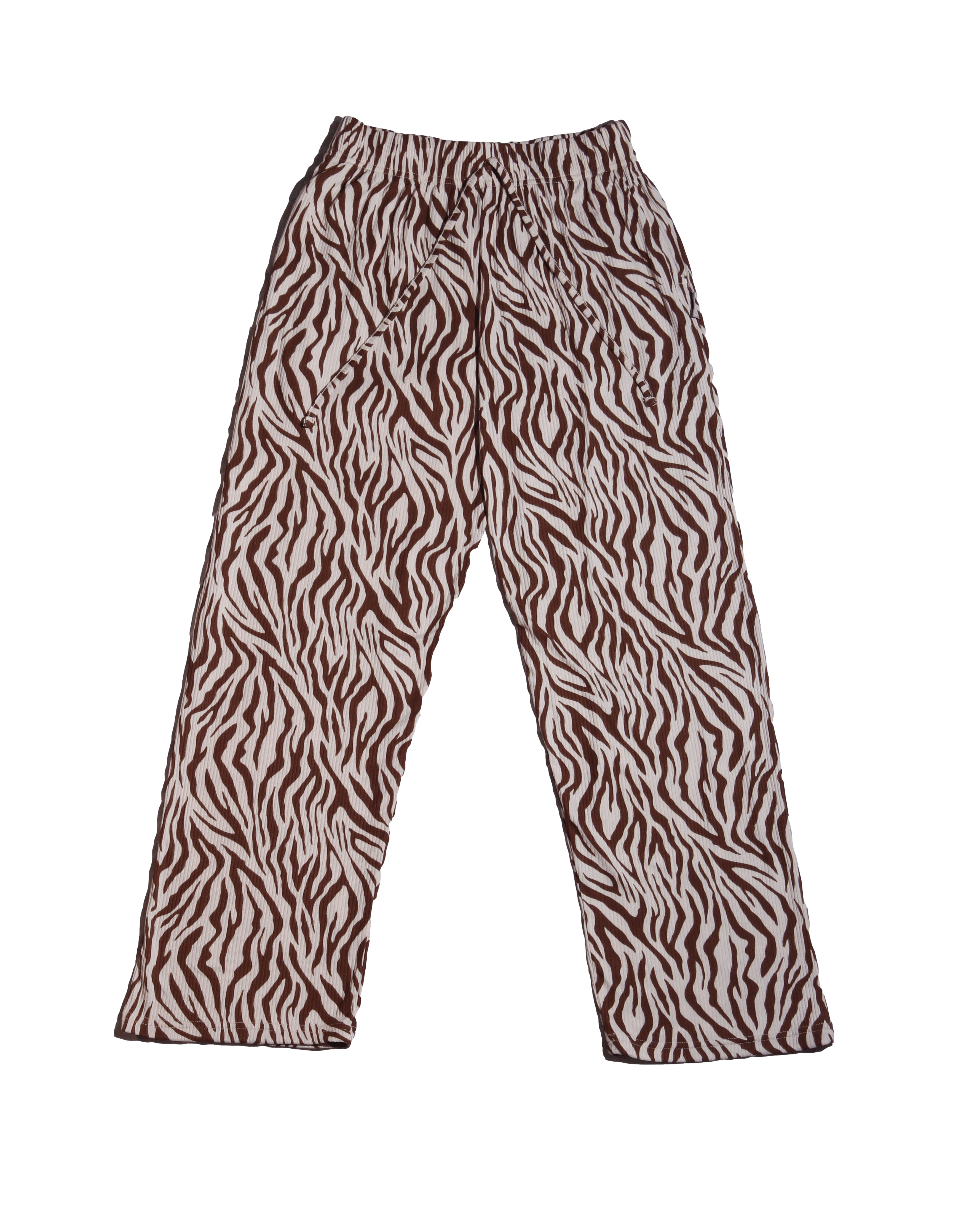 Pantalón Aero 1987 palazzo beige con estampado cebra marrón, tela rib, cintura elástica y tiras ajustables Cintura 69 cm (sin estirar) Largo 103 cm