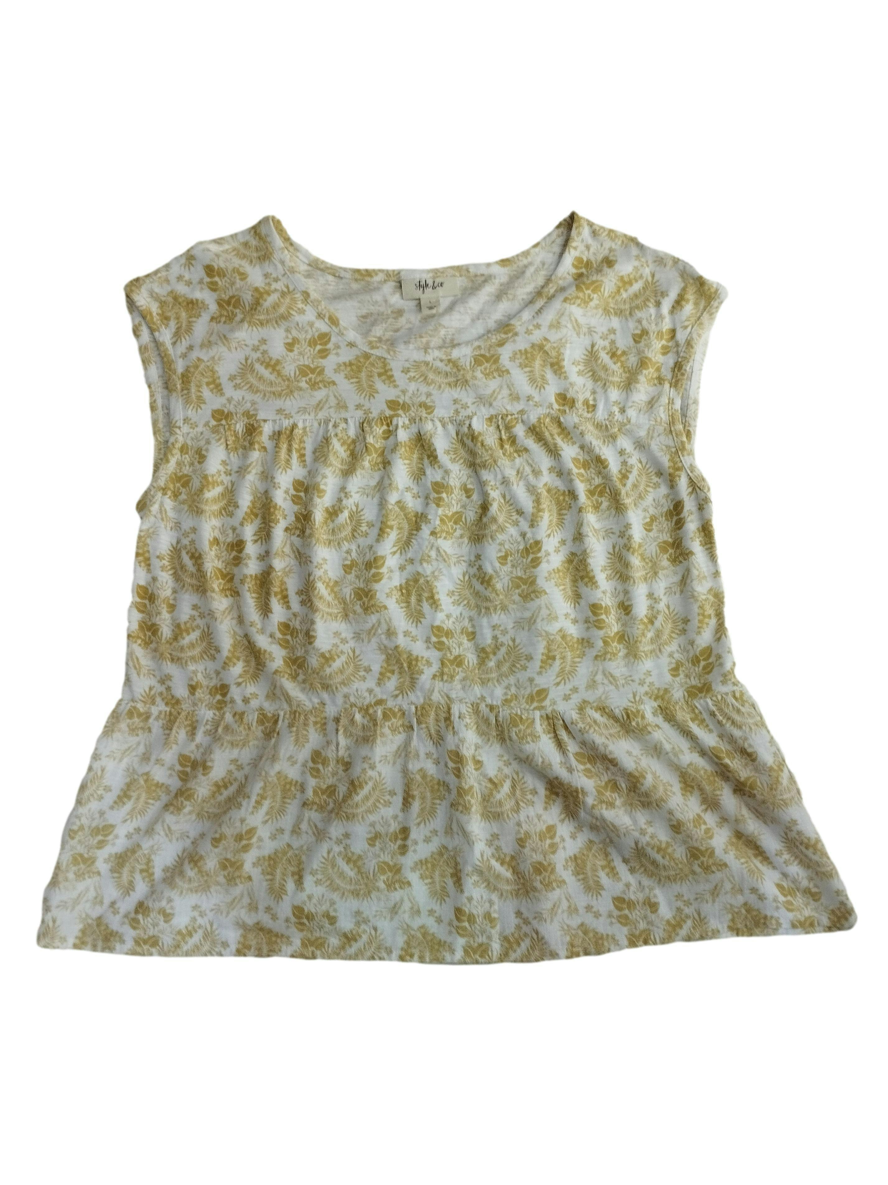Blusa Style & Co blanca,mezcla de algodon y lino, con floreado amarillo, manga cero. Busto: 112 cm, Largo: 65 cm