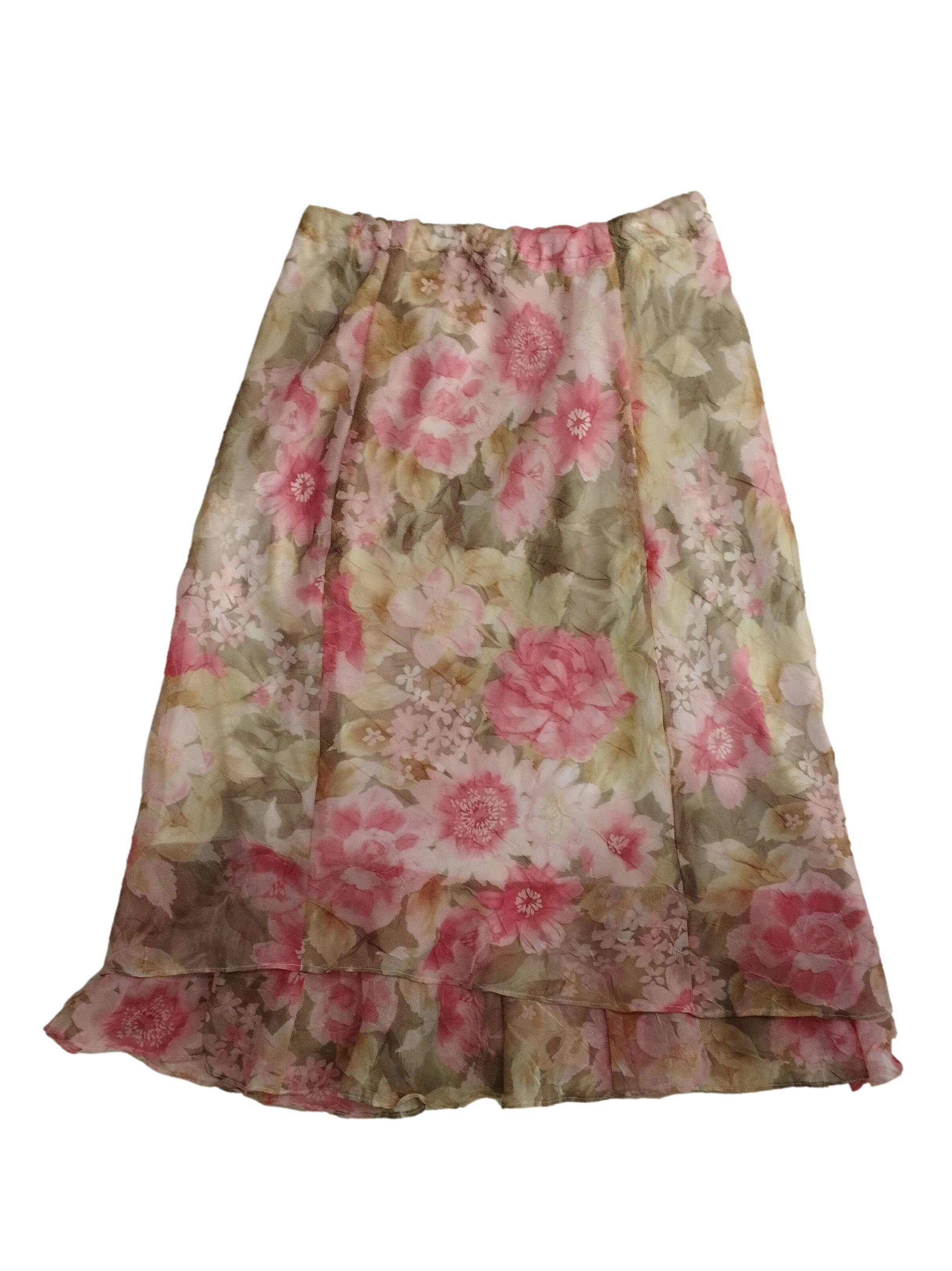 Falda vintage de gasa floreada con forro y elástico en la cintura. Cintura: 70 cm (sin estirar), Largo: 77 cm