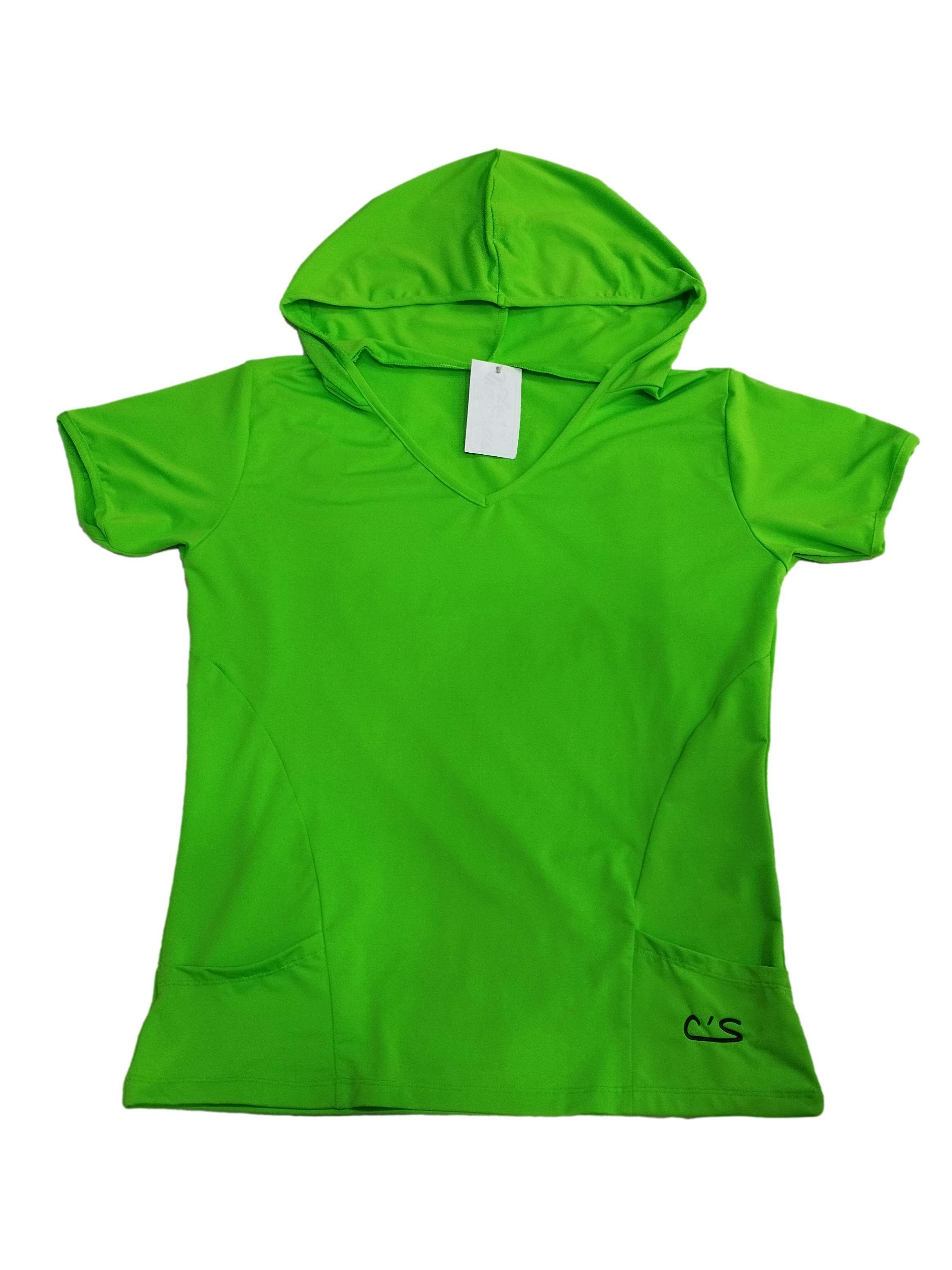 Polo deportivo verde neón con capucha, cuello en V, pequeños bolsillos delanteros, stretch. Busto: 90 cm, Largo: 61 cm