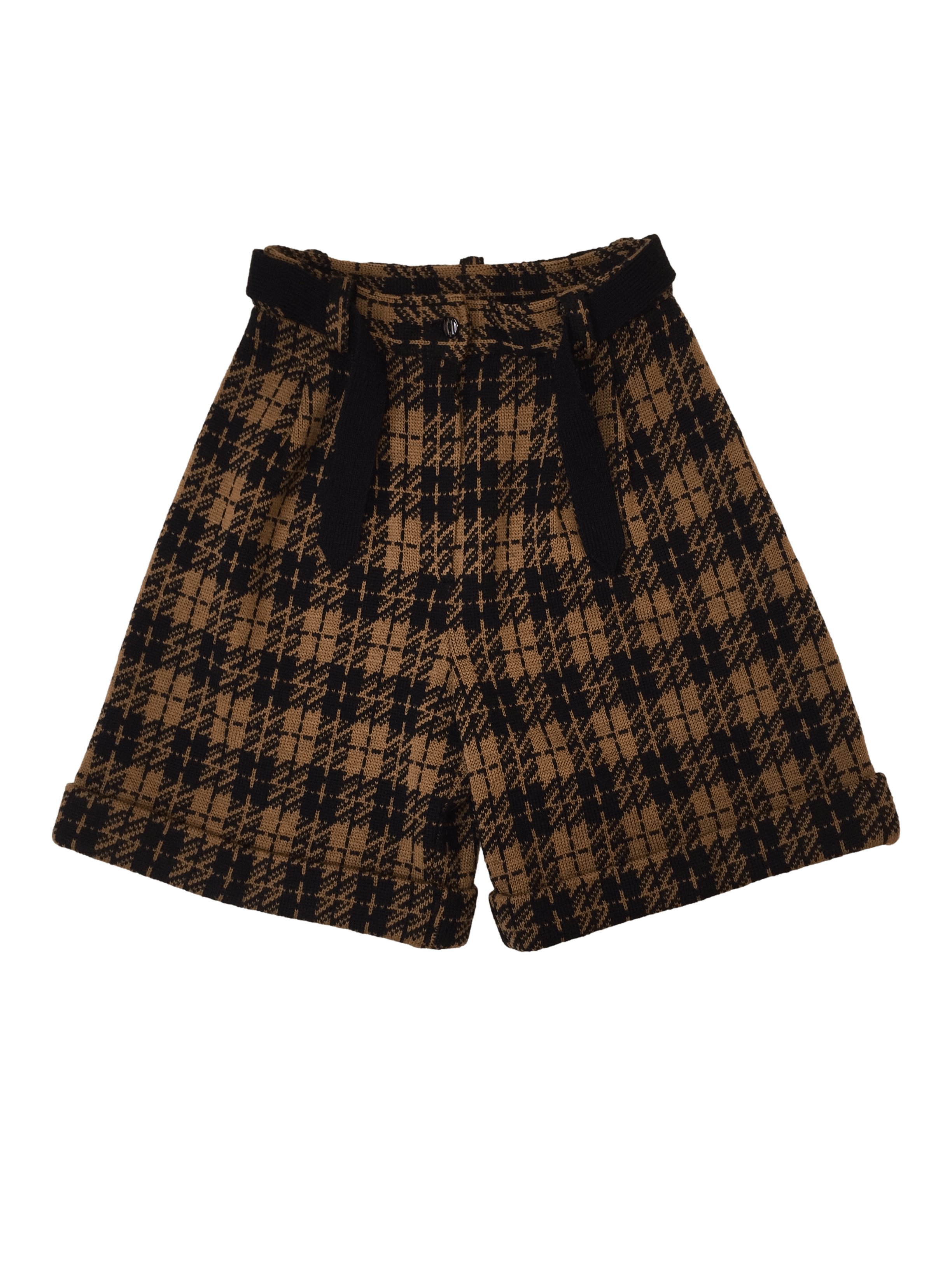 Short vintage tejido tipo escoces en negro y marrón, cinturón tejido. Cintura 74 cm, Largo 52 cm  